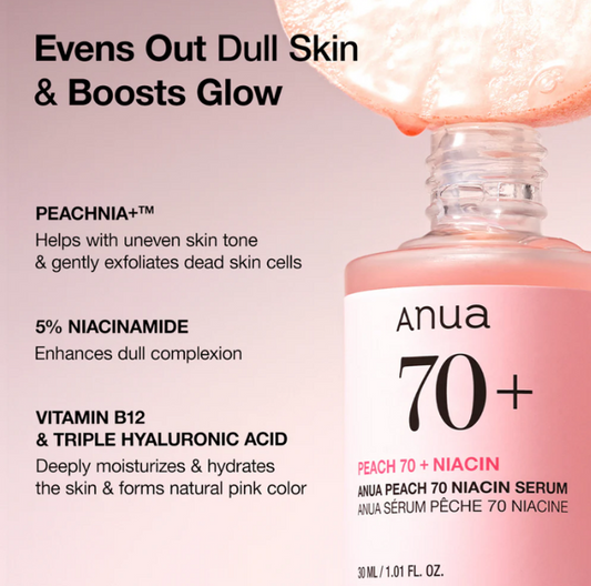 Anua Peach Niacin Serum 70% | Éclat Immédiat | Peau Lisse & Unifiée