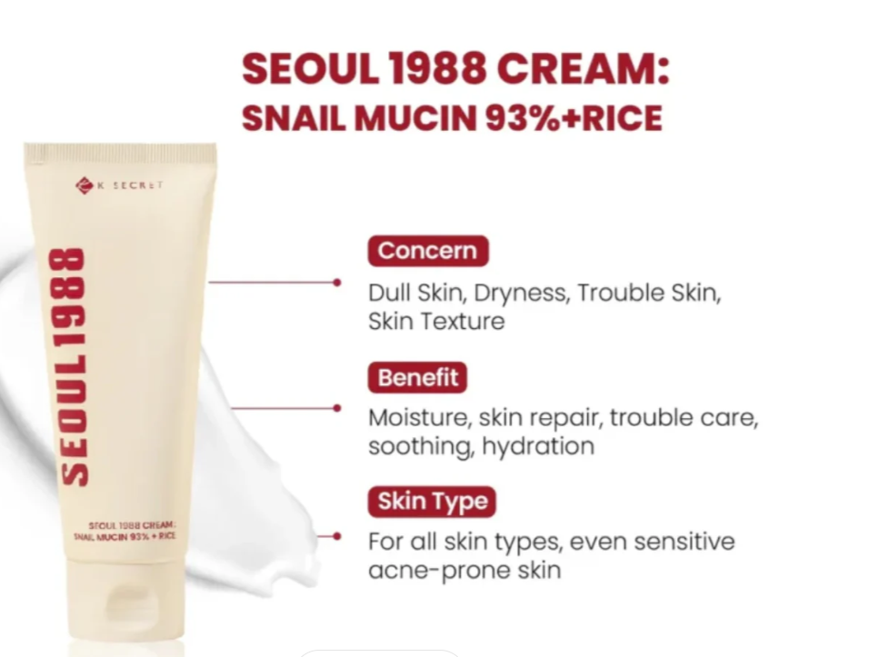 K-SECRET Seoul 1988 Cream – Snail Mucin 93% + Rice (Crème Hydratante & Réparatrice)