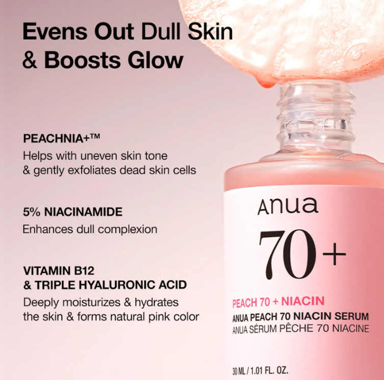Anua Peach Niacin Serum 70% | Éclat Immédiat | Peau Lisse & Unifiée