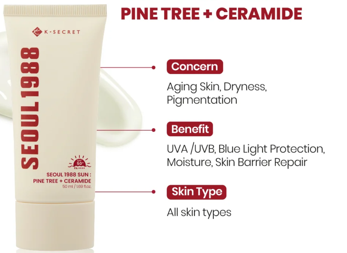 K-Secret Seoul 1988 Sun Cream SPF50+ PA++++ – Pine Tree & Ceramide (50ml)